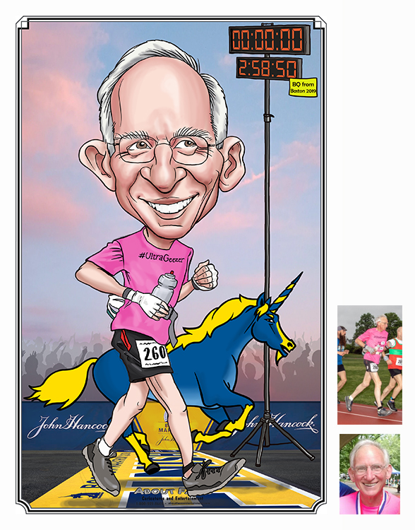 caricature of Gene Dykes running the Boston Marathon by caricature artist mike hasson
