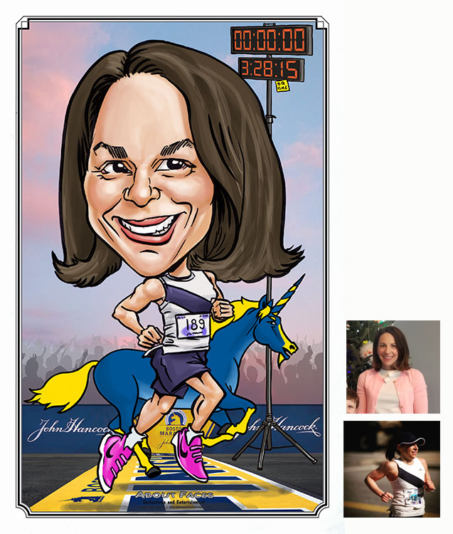 caricature of Tricia Lane running the Boston Marathon by caricature artist mike hasson