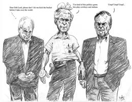 black and white caricature of george w bush, donald rumsfeld, and dick chenney