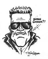 black and white caricature of arnold schwarzenegger by tom birmingham