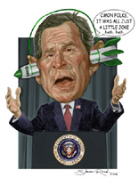 color george bush caricature wearing a missle hat by simon reed