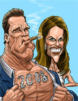 color caricature of arnold schwarzenegger and maria schriver